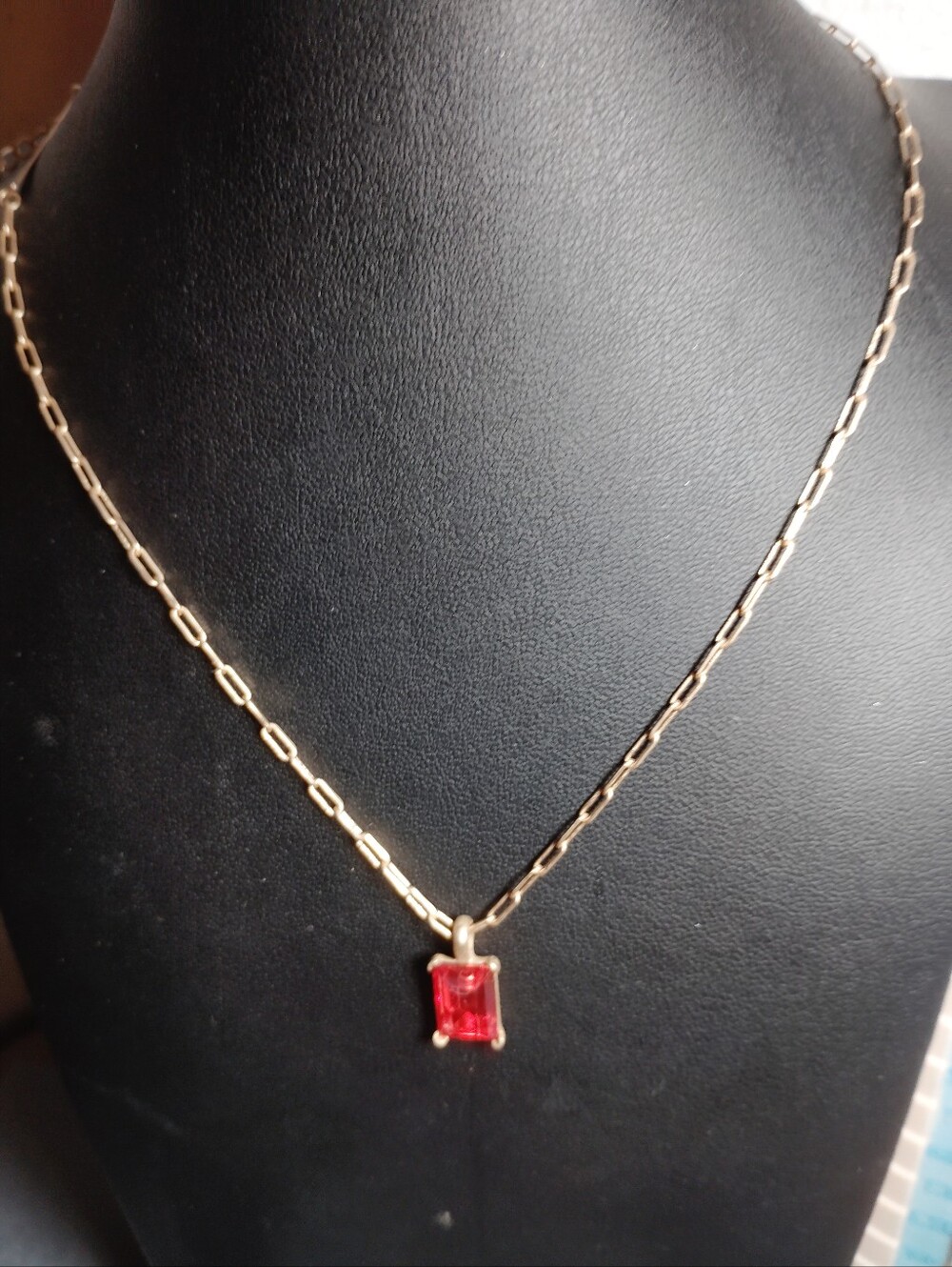 NWT Jane Marie Gold Tone Red Emerald Cut Crystal Pendant Necklace